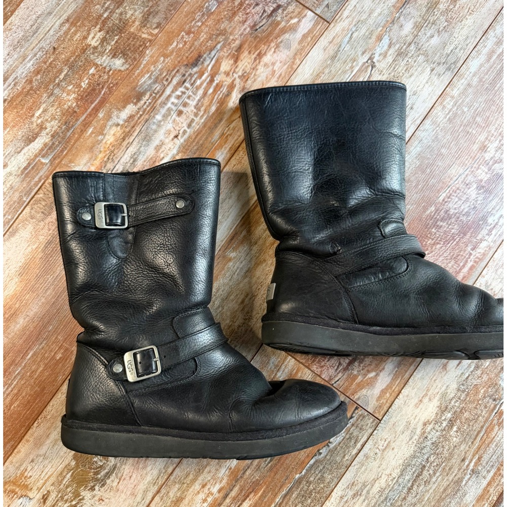UGG Sutter Womens Black Leather Double Buckle Engineer Boots Moto Biker